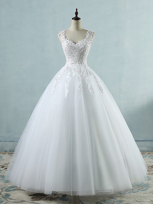 Ball Gown V-neck Sleeveless Sweetheart Floor-Length Applique Tulle Wedding Dresses TPP0005993