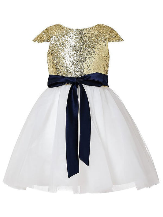 A-Line/Princess Short Sleeves Jewel Sequins Tulle Tea-Length Flower Girl Dresses TPP0007749