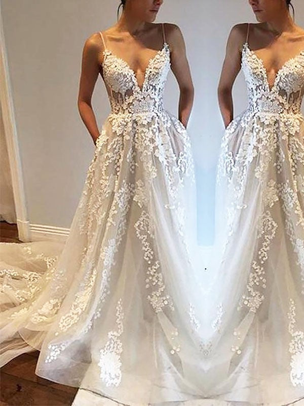 A-Line/Princess Spaghetti Straps Court Train Tulle Sleeveless Wedding Dresses TPP0006047