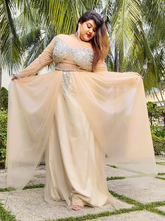 Ball Gown Tulle Long Sleeves Off-the-Shoulder Sequin Floor-Length Plus Size Dresses TPP0004597