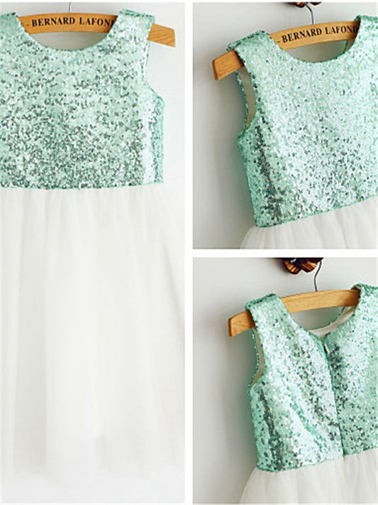 A-line/Princess Scoop Sleeveless Sequin Tea-Length Tulle Flower Girl Dresses TPP0007761