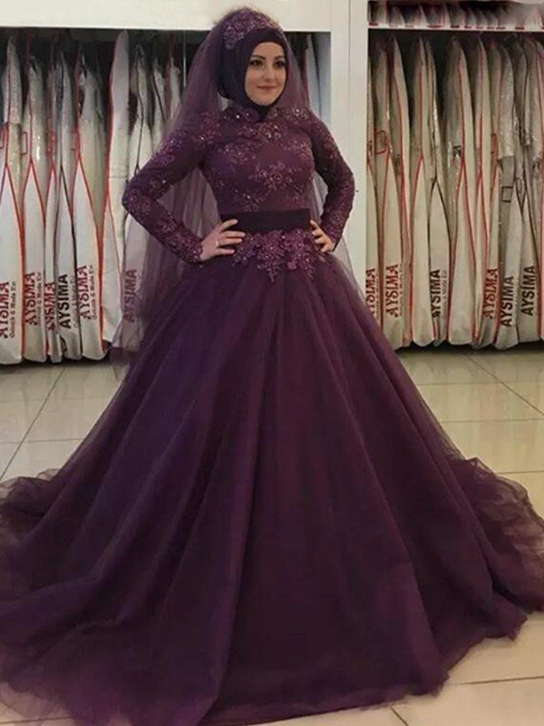 Ball Gown Long Sleeves High Neck Sweep/Brush Train Applique Tulle Muslim Dresses TPP0003429