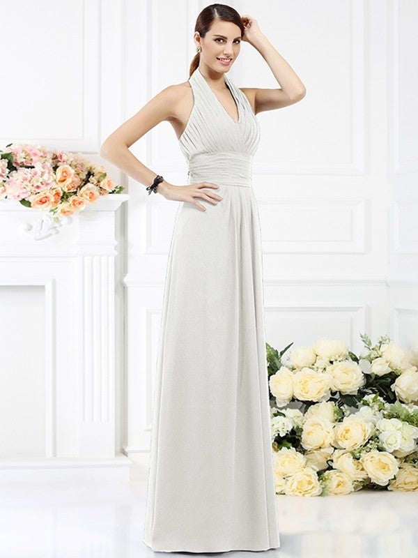 A-Line/Princess Halter Pleats Sleeveless Long Chiffon Bridesmaid Dresses TPP0005502
