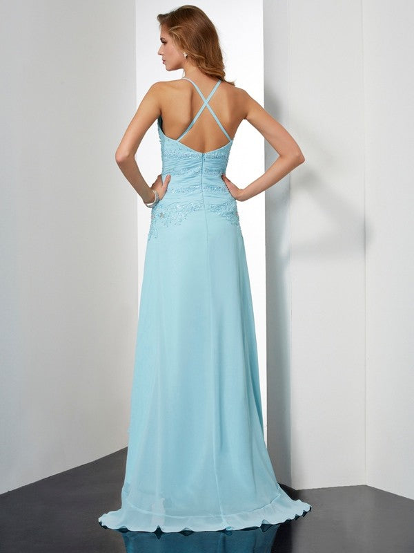 A-Line/Princess Spaghetti Straps Sleeveless Beading Crystal High Low Chiffon Dresses TPP0002815