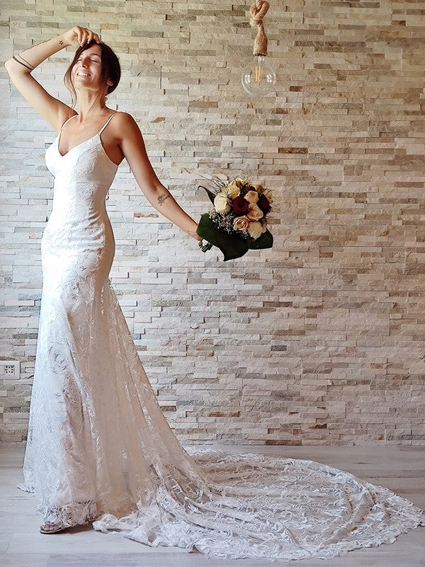 Sheath/Column Lace Applique Spaghetti Straps Sleeveless Court Train Wedding Dresses TPP0005976