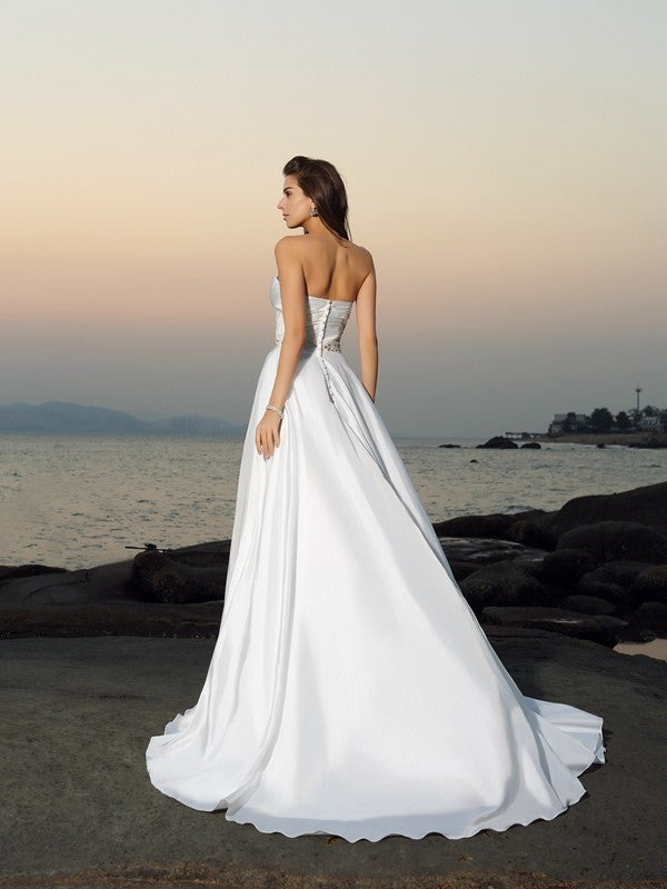 A-Line/Princess Sweetheart Beading Sleeveless Long Taffeta Beach Wedding Dresses TPP0006243