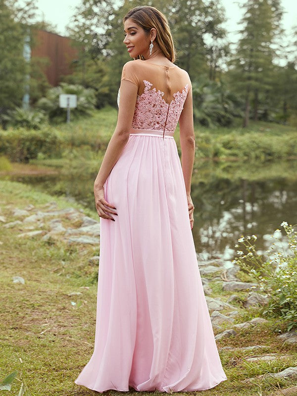 A-Line/Princess Chiffon Applique Scoop Short Sleeves Floor-Length Bridesmaid Dresses TPP0004951
