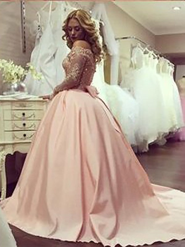 Ball Gown Long Sleeves Off-the-Shoulder Beading Satin Court Train Dresses TPP0001593