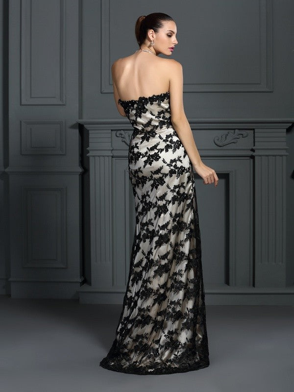 Sheath/Column Strapless Lace Sleeveless Long Elastic Woven Satin Dresses TPP0003348