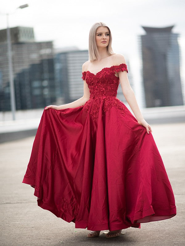 Ball Gown Off-the-Shoulder Satin Applique Sleeveless Floor-Length Dresses TPP0001659