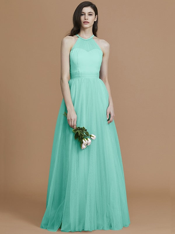 A-Line/Princess Halter Sleeveless Floor-Length Ruffles Tulle Bridesmaid Dresses TPP0005376