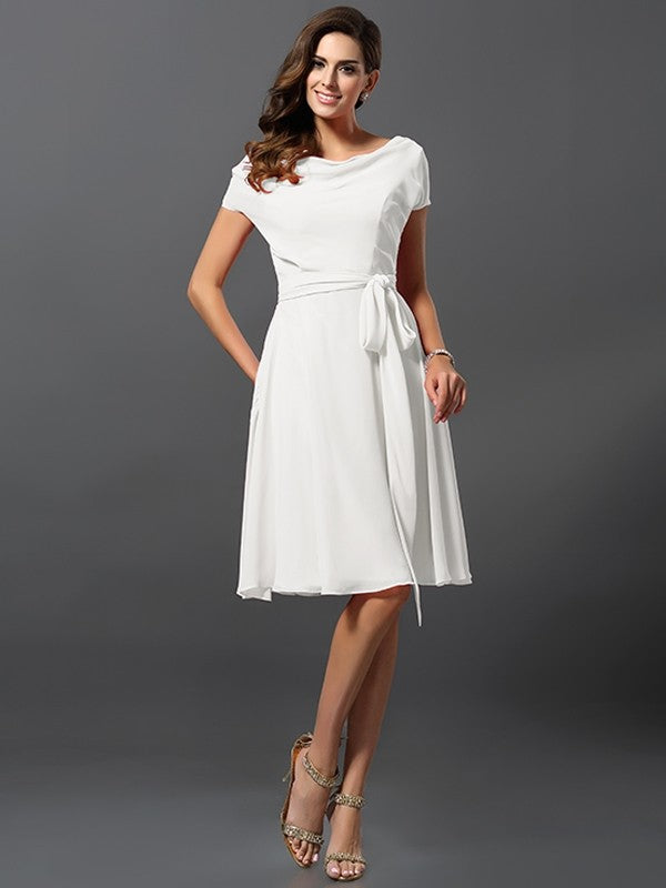 A-Line/Princess Scoop Sash/Ribbon/Belt Short Sleeves Short Chiffon Bridesmaid Dresses TPP0005626
