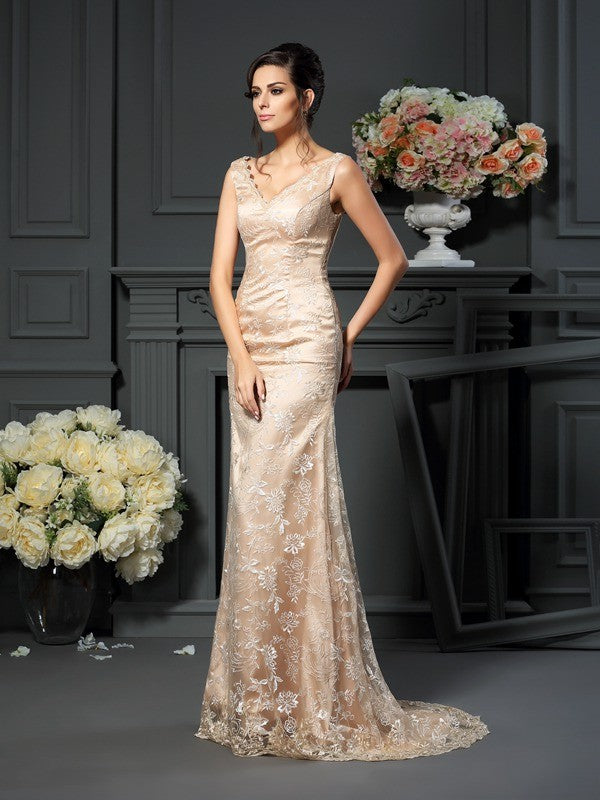 A-Line/Princess V-neck Lace Sleeveless Long Elastic Woven Satin Mother of the Bride Dresses TPP0007061