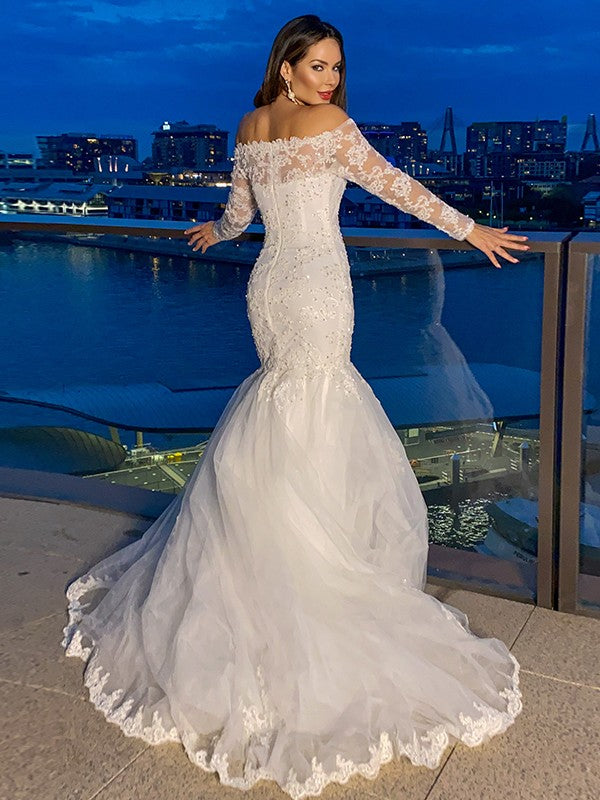 Trumpet/Mermaid Lace Tulle Long Sleeves Off-the-Shoulder Sweep/Brush Train Wedding Dresses TPP0005958