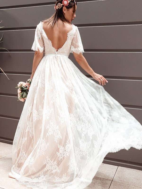 A-Line/Princess Short Sleeves Lace V-neck Sash/Ribbon/Belt Sweep/Brush Train Wedding Dresses TPP0005888