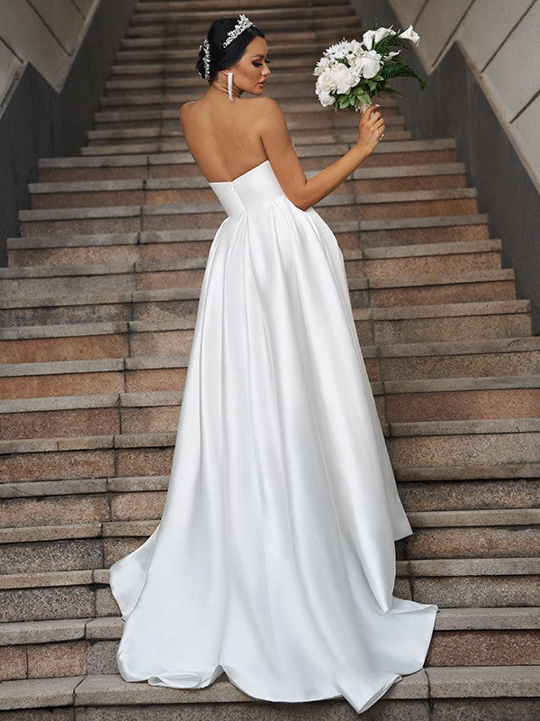 A-Line/Princess Satin Ruffles Sweetheart Sleeveless Sweep/Brush Train Wedding Dresses TPP0005887