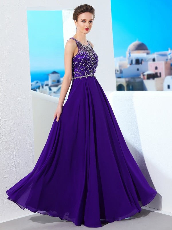 A-Line/Princess Sleeveless Chiffon Scoop Crystal Floor-Length Dresses TPP0002539