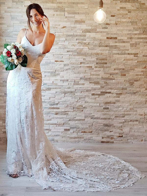 Sheath/Column Lace Applique Spaghetti Straps Sleeveless Court Train Wedding Dresses TPP0005976