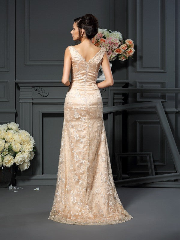A-Line/Princess V-neck Lace Sleeveless Long Elastic Woven Satin Mother of the Bride Dresses TPP0007061