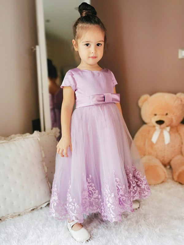 A-Line/Princess Tulle Lace Scoop Short Sleeves Ankle-Length Flower Girl Dresses TPP0007467