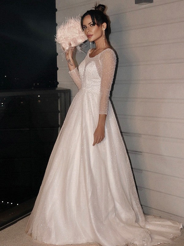 A-Line/Princess Beading Scoop Tulle Long Sleeves Sweep/Brush Train Wedding Dresses TPP0006062