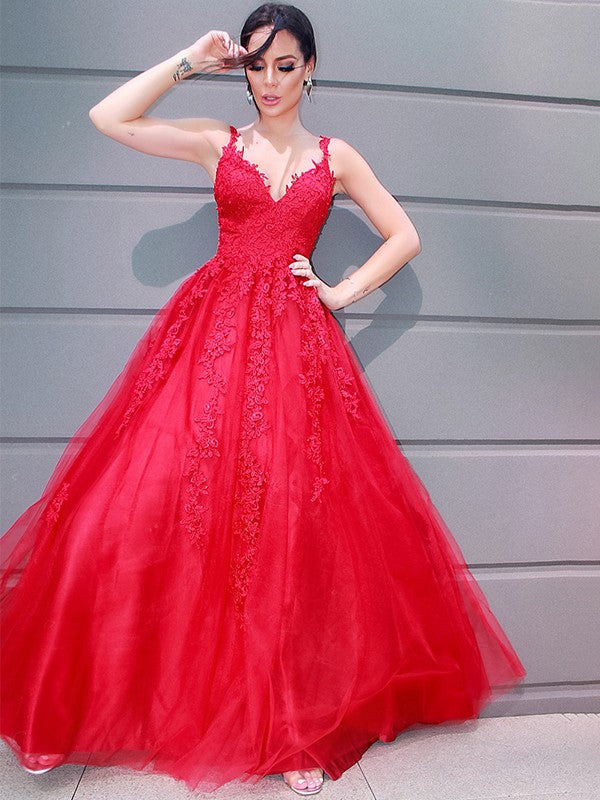 A-Line/Princess Tulle V-neck Floor-Length Applique Sleeveless Dresses TPP0001456