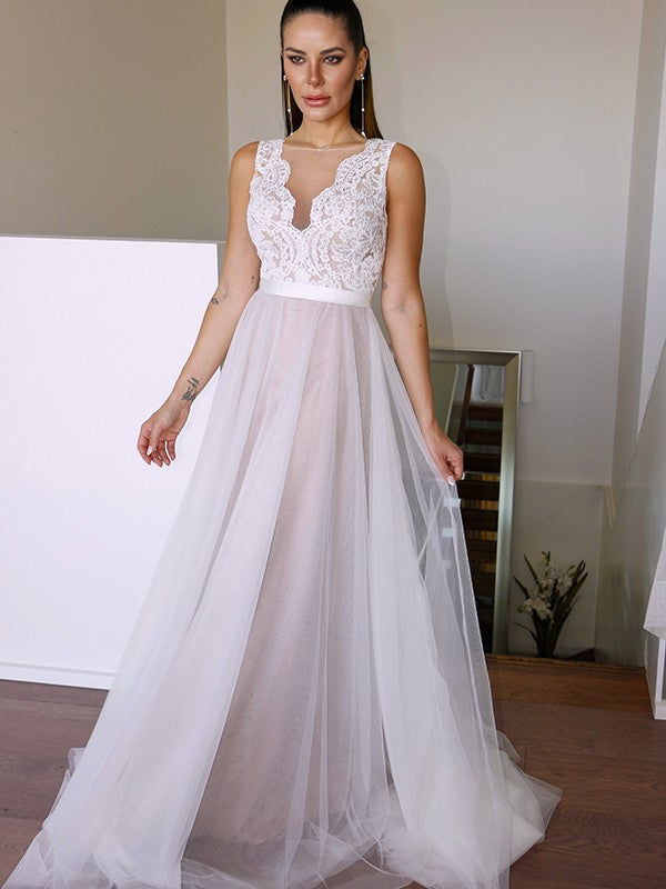 A-Line/Princess Tulle Lace Scoop Sleeveless Sweep/Brush Train Wedding Dresses TPP0006028