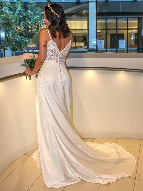 A-Line/Princess Charmeuse Spaghetti Straps Ruffles Sleeveless Sweep/Brush Train Wedding Dresses TPP0006078