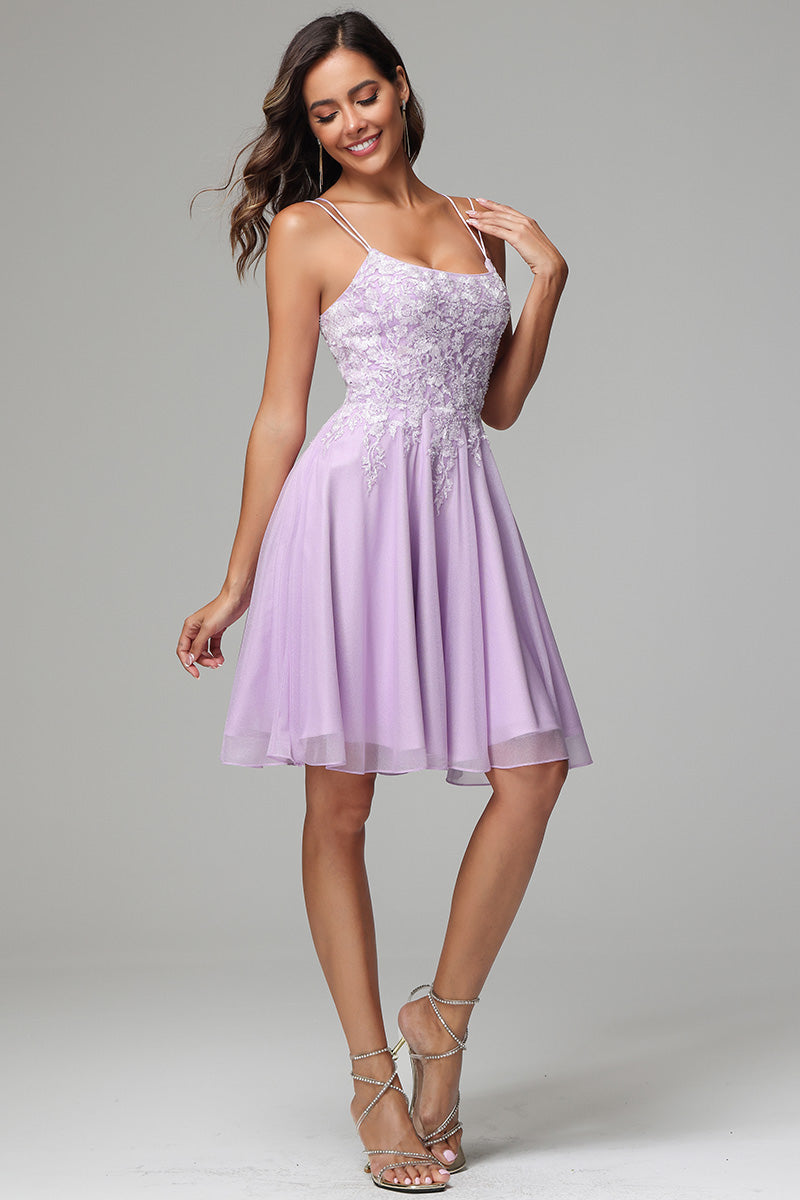Lilac A-line Spaghetti Straps Short Homecoming Dress with Appliques