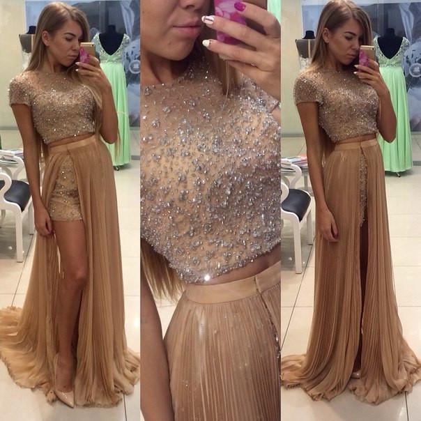 Pd12223 Charming Prom Dress O-Neck Prom Dress A-Line Chiffon Noble Two Pieces Prom