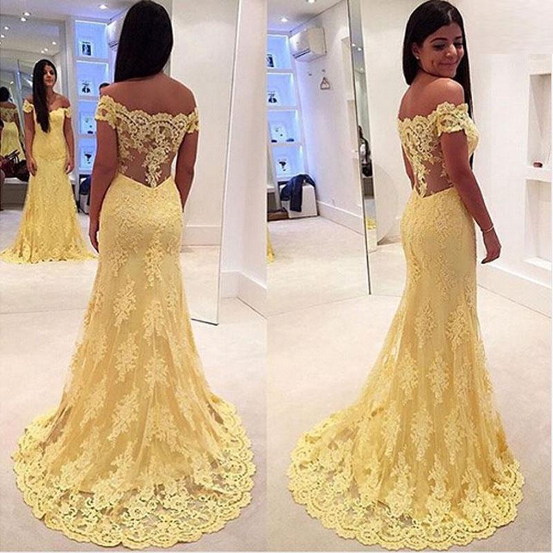 Elegant Sheath Yellow Lace Off Shoulder Long Prom Dresses