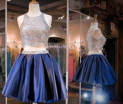 Navy Blue Two Piece Beading Short Prom Gown Sweet 16 Dress Bling Homecoming Dress