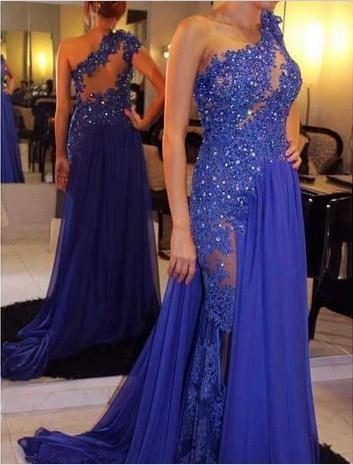 One Shoulder A-Line Long Cheap Prom Dresses Royal Blue Evening Dress Prom Gowns