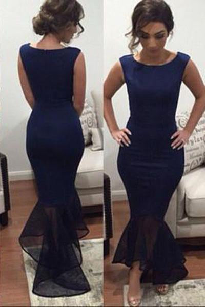 New Arrival Navy Blue Long Chiffon Square Mermaid Prom Gowns Plus Size Women Gown