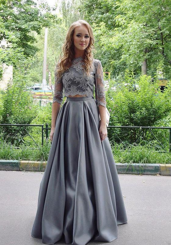 New Arrival Two-Piece A-Line Gray Lace Long Prom/Evening Dress