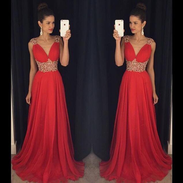 Open Back Red Chiffon V-Neck Cap Sleeve Lace A-Line Beads Prom Dresses