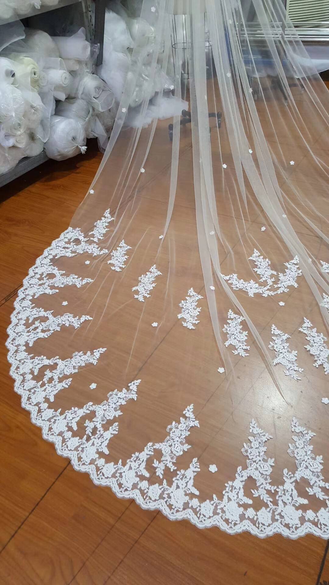 Ivory Lace Tulle Appliques 3D Flowers Wedding Veils