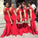 Red Button Backless Plus Size Mermaid Cap Sleeves V-neck Long Lace Bridesmaid Dresses