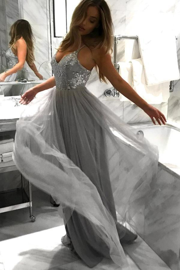 Light Grey Backless Spaghetti Straps Lace Tulle Long A-line V-Neck Prom Dresses