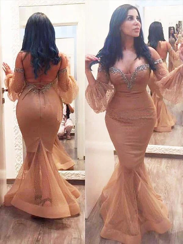 Mermaid 3/4 Sleeves Off the Shoulder Beads Brown Lace up Plus Size Prom Dresses