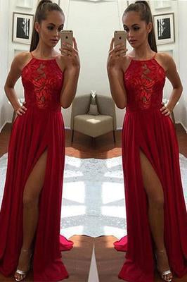 Sexy Unique Red A-Line Halter Split-Front Formal Dress Chiffon Sleeveless Long Prom Dresses