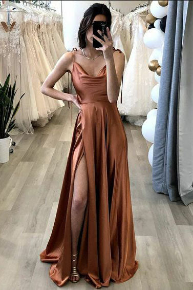 A Line Brown Simple Evening Party Dresses Long Prom Dresses With Slit