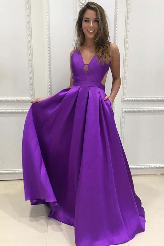 A-line V-neck Satin Long Simple Prom Dresses with Pockets Purple Bridesmaid Dresses