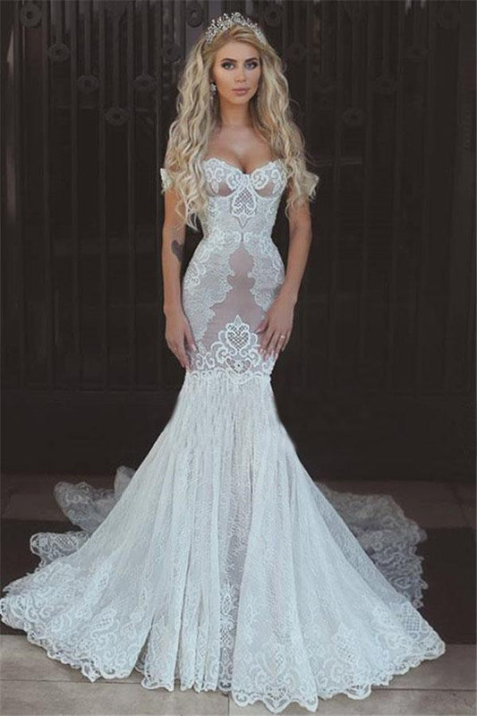Sexy Queen Mermaid Sweetheart Ivory Lace Off-the-Shoulder Open Back Wedding Dresses