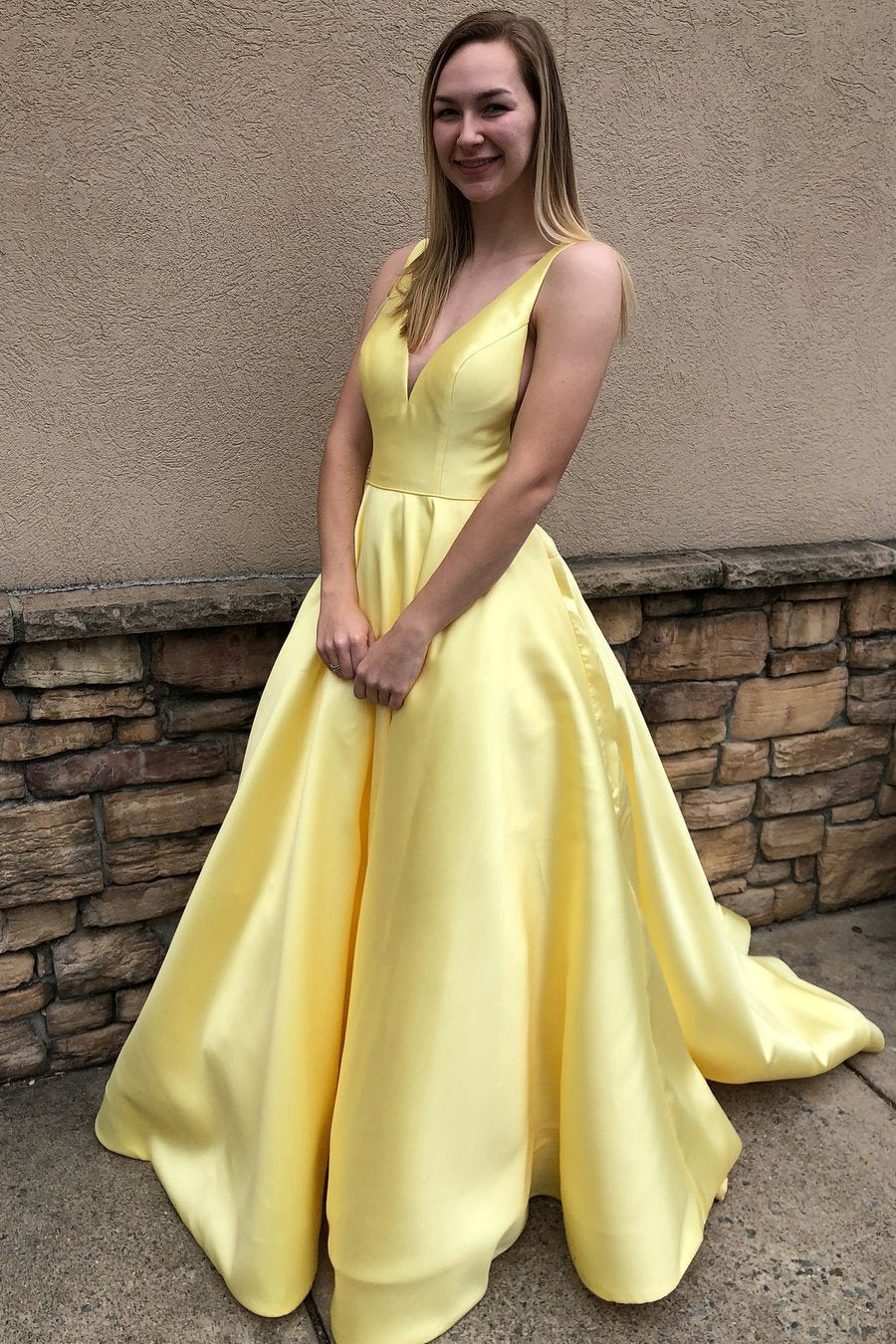 Princess A Line Deep V Neck Yellow Long Satin Backless Evening Dresses Prom Dresses