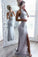 Mermaid High Neck Open Back Elastic Satin Long Grey Prom Dress with Appliques