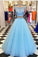 Chic Two Pieces Blue Beaded Tulle Sleeveless Long Prom Dresses