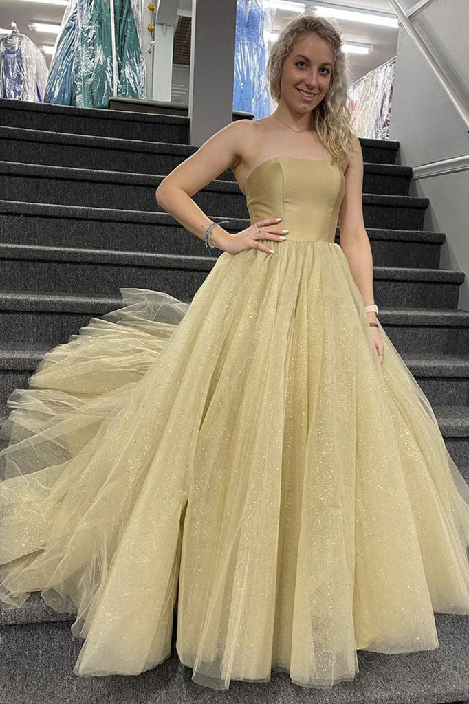 Daffodil A-Line Strapless Tulle Formal Evening Dresses Long Prom Dresses