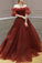 Burgundy Off Shoulder A Line Formal Evening Dresses Tulle Long Prom Dresses
