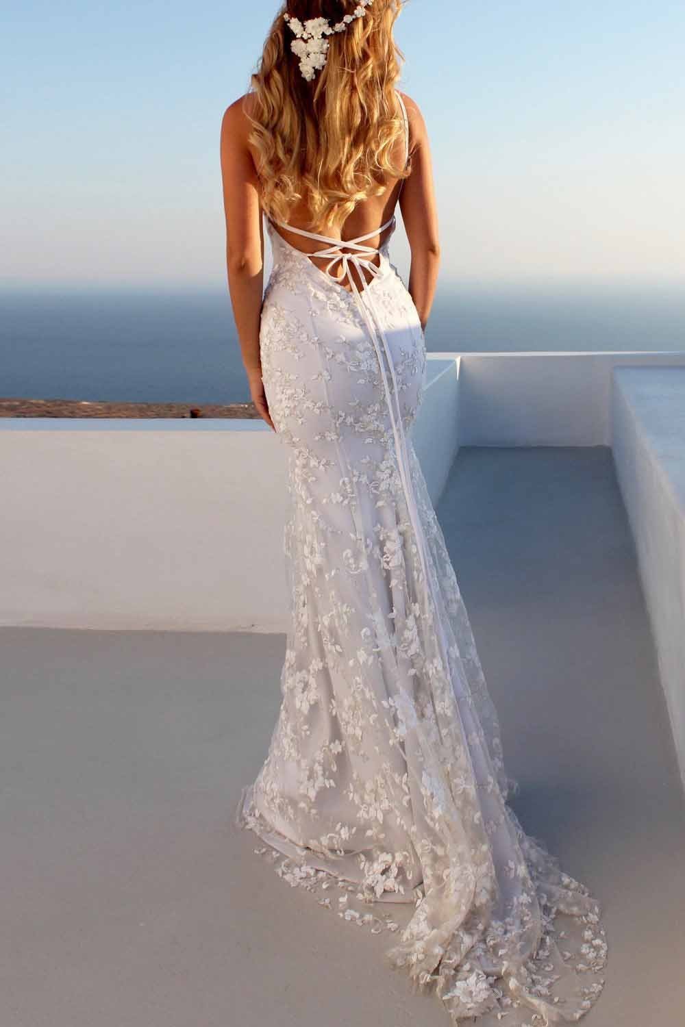 Sexy Backless Off White Mermaid Lace V Neck Wedding Dresses Long Prom Dresses